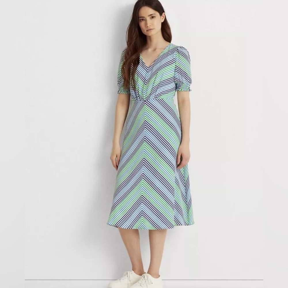 Lauren Ralph Lauren Black Label Blue & Green‎ Striped A-Line Midi Dress Size 12